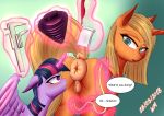  2018 absurd_res animal_genitalia animal_pussy anus blush butt cutie_mark dialogue digital_media_(artwork) dock duo english_text equine equine_pussy fan_character feathered_wings feathers female friendship_is_magic hair hi_res horn mammal memory_match my_little_pony puffy_anus pussy scar sex_toy tape_measure text twilight_sparkle_(mlp) unicorn winged_unicorn wings wolfmask 