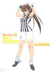  adjusting_bow armpits bow breasts brown_eyes brown_hair cleats commentary_request full_body hair_bow highres inoue_sora italian_flag italy jersey juventus_fc kurodate_mitsu long_hair looking_at_viewer loose_socks mai_ball! medium_breasts nike open_mouth ponytail serie_a shirt shorts sleeves_rolled_up soccer soccer_uniform solo sportswear striped striped_shirt vertical-striped_shirt vertical_stripes white_background wristband 