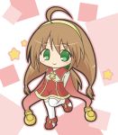  ahoge arms_behind_back bangs blush boots brown_hair brown_shirt chibi closed_mouth commentary_request eyebrows_visible_through_hair full_body green_eyes hair_between_eyes hair_bobbles hair_ornament hairband lilka_eleniak long_hair long_sleeves looking_at_viewer red_footwear red_skirt rinechun shirt skirt smile solo standing standing_on_one_leg star thighhighs very_long_hair white_legwear wild_arms wild_arms_2 yellow_hairband 