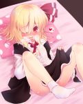  ;d black_skirt blonde_hair blush buttons commentary_request convenient_leg dress_shirt eyebrows_visible_through_hair full-face_blush hair_between_eyes hair_ribbon heart heavy_breathing highres looking_at_viewer necktie on_bed one_eye_closed open_mouth pillow polka_dot polka_dot_pillow razy_(skuroko) red_eyes red_neckwear red_ribbon ribbon rumia shirt sitting skirt smile socks solo sweat touhou white_legwear white_shirt wing_collar 