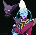  beerus black_background black_eyes carrying cat dragon_ball dragon_ball_super earrings egyptian_clothes expressionless eyelashes hachibani happy jewelry long_sleeves looking_away male_focus multiple_boys open_mouth pointy_ears simple_background smile twitter_username whis white_hair 
