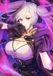  arm_up aura bangs belt black_coat black_gloves blurry breasts buttons cleavage coat corset dark_aura dark_background female_my_unit_(fire_emblem:_kakusei) fire_emblem fire_emblem:_kakusei fire_emblem_heroes gimurei gloves hand_on_own_face hand_up kokouno_oyazi large_breasts long_hair long_sleeves looking_at_viewer my_unit_(fire_emblem:_kakusei) open_clothes open_coat parted_lips red_eyes shiny shiny_hair shirt silver_hair smile solo swept_bangs tsurime twintails upper_body white_shirt wide_sleeves 