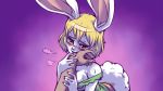  2018 ambiguous_gender anthro blonde_hair blush breasts breath brown_eyes carrot_(one_piece) clothed clothing disembodied_hand duo female first_person_view hair human lagomorph licking licking_hand looking_at_viewer male_pov mammal off_shoulder one_piece plagueofgripes purple_background rabbit simple_background solo_focus sweat tongue tongue_out wrist_grab 
