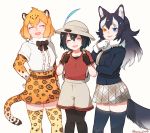  :d ^_^ animal_ears backpack bag black_hair blonde_hair blue_eyes bow bowtie center_frills closed_eyes commentary_request elbow_gloves eyebrows_visible_through_hair fang feathers fur_collar gloves gradient_hair grey_wolf_(kemono_friends) hand_on_own_face hat helmet heterochromia holding_strap jaguar_(kemono_friends) jaguar_ears jaguar_print jaguar_tail kaban_(kemono_friends) kemono_friends long_hair multicolored_hair multiple_girls navy_blue_legwear necktie open_mouth pantyhose pith_helmet pleated_skirt seto_(harunadragon) shirt short_hair shorts signature skirt sleeve_cuffs smile sweatdrop t-shirt tail thighhighs white_hair wolf_ears wolf_tail yellow_eyes zettai_ryouiki 