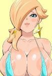  1girl areola_slip areolae bikini blonde_hair blue_eyes blush breasts cleavage earrings female gray_impact hair_over_one_eye jewelry lips looking_at_viewer micro_bikini nintendo nipples oekaki ponytail rosalina_(mario) smile solo super_mario_bros. super_mario_galaxy sweat swimsuit tied_hair 