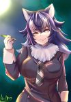  animal_ears breast_pocket breasts fang_out fur_collar grey_wolf_(kemono_friends) heterochromia highres kemono_friends large_breasts looking_at_viewer multicolored_hair pencil pocket ryuusui_arumo solo two-tone_hair wolf_ears wolf_girl 