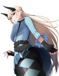  amase_(yagami666) ass black_legwear blonde_hair blue_eyes breasts diamond_(shape) fingerless_gloves from_below gloves long_hair looking_at_viewer medium_breasts miniskirt open_mouth pantyhose reiley_miller senjou_no_valkyria senjou_no_valkyria_4 simple_background skirt solo very_long_hair white_background 