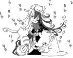  :&gt; animal animal_on_head ashiya_douman_(fate/grand_order) asymmetrical_clothes bell carrying cat fate/grand_order fate_(series) greyscale jingle_bell kijitora-san long_hair lowres male_focus mike-san monochrome multicolored_hair neko_atsume obuchi_(nanakamado1) on_head shironeko_(neko_atsume) smile solo two-tone_hair 