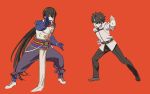  :d belt black_hair black_pants blue_eyes brown_footwear brown_hair chaldea_uniform dancing eyebrows_visible_through_hair fate/grand_order fate_(series) fujimaru_ritsuka_(male) full_body_tattoo gauntlets green_eyes grey_footwear grey_jacket jacket long_hair long_sleeves looking_at_viewer male_focus mi_(pic52pic) multiple_boys open_mouth pants pelvic_curtain red_background sash shoes simple_background smile stance tattoo very_long_hair yan_qing_(fate/grand_order) 