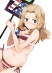  american_flag_bikini ass_visible_through_thighs bikini blonde_hair blue_eyes blush breasts cleavage cowboy_shot dutch_angle eyebrows_visible_through_hair flag_print girls_und_panzer grimace hair_intakes highres holding holding_sign kay_(girls_und_panzer) long_hair looking_at_viewer medium_breasts navel shuiro_(frog-16) side-tie_bikini sign solo standing sweat swimsuit tearing_up tears thigh_gap 