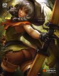  archery arrow ass bad_anatomy bare_shoulders black_gloves boots bow_(weapon) braid branch breasts brown_eyes commentary dragon's_crown elf elf_(dragon's_crown) english_commentary gloves highres leaf logan_cure long_hair looking_at_viewer medium_breasts patreon_logo patreon_username pointy_ears quiver shorts silver_hair solo thigh_boots thighhighs weapon 