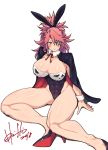  abs adapted_costume amputee animal_ears baiken breasts bunny_ears bunnysuit cleavage guilty_gear guilty_gear_xrd highres hori_shin huge_breasts muscle muscular_female one-eyed pink_hair skin_tight solo 