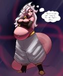  2018 absurd_res alien android_21 belly big_belly big_breasts black_sclera breasts cleavage clothed clothing dragon_ball dragon_ball_fighterz female frown hair hi_res humanoid long_hair looking_down majin majin_android_21 metalforever navel not_furry pink_skin red_eyes solo standing thought_bubble weight_gain white_hair 