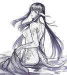 ass au_ra black_hair breasts closed_mouth dragon_horns dragon_tail final_fantasy final_fantasy_xiv from_behind greyscale horns long_hair looking_at_viewer looking_back medium_breasts monochrome nude pengnangehao scales sketch solo standing tail wading water yugiri_mistwalker 