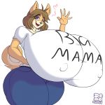  2018 anthro big_breasts black_nose blue_eyes breasts brown_hair canine clothed clothing digital_media_(artwork) dog english_text female fully_clothed hair hi_res huge_breasts hyper hyper_breasts jeans june_(jinu) lionalliance mammal nipple_bulge open_mouth pants shiba_inu shirt short_hair simple_background solo teeth text thick_thighs tooth_gap waving white_background 