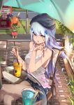  2girls alternate_costume bag bangs bare_arms beret black_hat blue_shorts blunt_bangs breasts casual collarbone commentary_request crossed_legs cup day dinergate_(girls_frontline) drinking_straw facepaint floating_hair girls_frontline glass_table green_coat green_eyes hair_ornament hat highres hk416_(girls_frontline) holding_key key kneehighs lamppost long_hair looking_at_viewer medium_breasts multiple_girls open_mouth outdoors renze_l road scenery short_shorts shorts shoulder_bag sidelocks silver_hair sitting sitting_on_object table tank_top teardrop thighs umbrella ump9_(girls_frontline) under_umbrella white_tank_top 