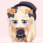  :o abigail_williams_(fate/grand_order) absurdly_long_hair bangs black_bow black_dress black_footwear black_hat blonde_hair bloomers blue_eyes blush bow bug butterfly chibi commentary_request dress fate/grand_order fate_(series) flying_sweatdrops forehead hair_bow hat heart high_heels holding holding_heart insect long_hair long_sleeves looking_at_viewer manasuke mary_janes orange_bow parted_bangs parted_lips pigeon-toed polka_dot polka_dot_background polka_dot_bow shoes sleeves_past_fingers sleeves_past_wrists solo standing striped striped_background stuffed_animal stuffed_toy teddy_bear underwear very_long_hair white_bloomers 