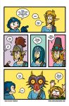  2018 angry awkwardzombie blue_clothing breath_of_the_wild capcom child comic ear_piercing english_text hat humanoid humor hylian katie_tiedrich link majoras_mask male mask mega_man_(character) mega_man_(series) nintendo not_furry open_mouth piercing pointing pointy_ears simple_background speech_bubble teeth text the_legend_of_zelda video_games yellow_background young young_link 