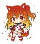  :&lt; animal_ears bangs bare_shoulders black_gloves blonde_hair blush boots chain chibi clenched_hand closed_mouth collar commentary_request elbow_gloves eyebrows_visible_through_hair fiery_hair fiery_tail full_body gloves gradient_hair hair_between_eyes leotard long_hair metal_collar multicolored_hair one_side_up orange_hair original red_eyes red_footwear red_hair rinechun simple_background solo tail thighhighs v-shaped_eyebrows white_background white_legwear white_leotard 