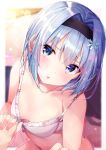  black_hairband blue_eyes blurry blush bra breasts collarbone depth_of_field hair_ornament hairband head_tilt highres holding_hands interlocked_fingers looking_at_viewer out_of_frame parted_lips pov pov_hands rouka_(akatyann) ryuuou_no_oshigoto! silver_hair small_breasts snowflake_hair_ornament solo_focus sora_ginko underwear underwear_only white_bra 
