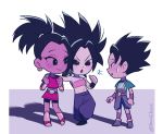  1boy 2girls armor baggy_pants belt black_eyes black_hair blush_stickers caulifla chibi clenched_hands dragon_ball dragon_ball_super eyelashes hachibani kale_(dragon_ball) kyabe leg_up looking_at_another multiple_girls open_mouth pants ponytail red_shirt red_skirt shadow shirt short_hair simple_background skirt smile spiked_hair standing sweatdrop tank_top twitter_username white_background wristband 