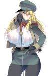  belt black_gloves black_legwear blonde_hair blue_eyes breasts epaulettes gloves hand_on_hip hat highres holding holding_sword holding_weapon horn huge_breasts jacket large_breasts long_hair looking_at_viewer masao military military_hat military_uniform nipples no_bra oni original pantyhose see-through sheath simple_background skirt smile solo sword uniform unsheathed weapon white_background 