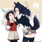  animal_ears backpack bag black_hair blue_eyes blush closed_eyes commentary feathers flying_sweatdrops full-face_blush fur_collar gloves grey_wolf_(kemono_friends) hand_on_another's_head hat helmet holding_strap japari_symbol kaban_(kemono_friends) kemono_friends long_hair multicolored_hair multiple_girls musical_note necktie open_mouth pantyhose pith_helmet pleated_skirt seto_(harunadragon) shirt short_hair short_sleeves shorts signature skirt sleeve_cuffs sweatdrop t-shirt tail thighhighs translated wavy_mouth white_hair wolf_ears wolf_tail zettai_ryouiki 