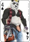  balls bear blonde_hair chainsaw clothing english_text flannel fonya gloves hair humanoid_penis jeans male mammal panda pants penis piecing solo text thedecisivepanda tools 