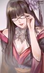  adjusting_eyewear bare_shoulders black_hair breasts cleavage close-up face final_fantasy final_fantasy_xiv flower glasses hair_flower hair_ornament highres hyur japanese_clothes kimono large_breasts lipstick long_hair looking_at_viewer makeup mole mole_under_mouth off_shoulder parted_lips pengnangehao sketch smile solo yellow_eyes yotsuyu_(ff14) 