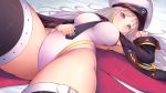  azur_lane bangs between_breasts black_legwear blush breasts closed_mouth coat commentary_request competition_swimsuit enterprise_(azur_lane) eyebrows_visible_through_hair grey_hair hat highleg highleg_swimsuit highres large_breasts long_hair looking_at_viewer lying necktie necktie_between_breasts on_back one-piece_swimsuit open_clothes open_coat peaked_cap purple_eyes smile solo swimsuit thighhighs thighs white_swimsuit yoshiheihe 