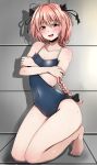  :d alternate_eye_color astolfo_(fate) bangs bare_arms bare_legs bare_shoulders barefoot baretto_(karasi07) black_bow blue_swimsuit blush body_blush bow braid collarbone commentary_request competition_school_swimsuit covered_navel crossed_arms embarrassed eyebrows_visible_through_hair fang fate/apocrypha fate_(series) feet full_body furrowed_eyebrows hair_between_eyes hair_bow hair_intakes half-closed_eyes highres indoors kneeling long_hair looking_at_viewer male_focus one-piece_swimsuit open_mouth otoko_no_ko pink_hair red_eyes shadow shiny shiny_clothes shiny_hair single_braid smile solo sweatdrop swimsuit 