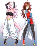  absurdres android_21 anklet armpits black_sclera blue_eyes brown_hair candy commentary_request dragon_ball dragon_ball_fighterz dual_persona elbow_gloves food full_body glasses gloves highres jewelry labcoat lavender_hair looking_at_viewer macaron majin_android_21 messy_hair multiple_girls pantyhose pink_skin pointy_ears red_eyes st.germain-sal tail tongue tongue_out 