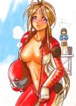  aa_megami-sama absurdres areola_slip areolae belldandy biker_clothes bikesuit blue_eyes breasts brown_hair facial_mark forehead_mark goddess helmet highres long_hair looking_at_viewer medium_breasts multiple_girls no_bra no_panties open_mouth ponytail pubic_hair self_exposure sweat undressing unzipping 