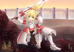  absurdres armor banner blonde_hair braid breastplate clarent fate/apocrypha fate/grand_order fate_(series) fighting_stance french_braid green_eyes highres inaroinaroi mordred_(fate) mordred_(fate)_(all) one_knee over_shoulder ponytail red_scrunchie scrunchie sword sword_over_shoulder wall weapon weapon_over_shoulder 