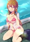  ahoge alternate_costume bikini bikini_under_clothes black_legwear blush breasts brown_hair cleavage commentary_request hair_between_eyes highres idolmaster idolmaster_million_live! large_breasts long_hair looking_at_viewer owafu purple_eyes side-tie_bikini solo swimsuit swimsuit_under_clothes tokoro_megumi underboob wavy_mouth 