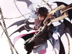  amamiya_ren black_hair blurry chain commentary cosplay cravat demon_wings depth_of_field doe_mill domino_mask foreshortening gloves halo highres horns mask persona persona_5 perspective red_eyes satanael_(persona) satanael_(persona)_(cosplay) smirk white_background wings 