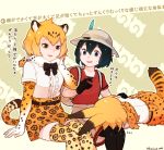  animal_ears backpack bag bare_shoulders black_hair blonde_hair bow bowtie elbow_gloves eyebrows_visible_through_hair feathers fur_collar gloves hand_on_another's_shoulder hand_on_own_cheek hat helmet jaguar_(kemono_friends) jaguar_ears jaguar_print jaguar_tail japari_symbol kaban_(kemono_friends) kemono_friends lap_pillow multicolored_hair multiple_girls pantyhose pith_helmet serval_(kemono_friends) serval_ears serval_print serval_tail seto_(harunadragon) shirt short_hair shorts sitting skirt sleeping sweatdrop t-shirt tail thighhighs translation_request wide-eyed zzz 