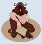  2018 bovine digital_drawing_(artwork) digital_media_(artwork) fur geier hair hairy horn looking_at_viewer male mammal minotaur nipples nude simple_background solo tongue tongue_out 