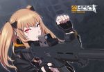  bangs brown_hair clenched_hand commentary_request eotech fingerless_gloves girls_frontline gloves glowing glowing_eye gun h&amp;k_ump9 hair_ornament hair_ribbon hairclip hand_gesture heckler_&amp;_koch long_hair ranger_(mll0101) red_eyes ribbon scar scar_across_eye solo submachine_gun twintails ump9_(girls_frontline) weapon 