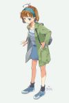  2018 ahoge alternate_costume animal animal_on_head backpack bag black_legwear blue_footwear blue_hairband blue_skirt brown_hair commentary crab dated full_body green_jacket hairband jacket kantai_collection kusakabe_(kusakabeworks) oboro_(kantai_collection) on_head pet shirt shoes short_hair simple_background skirt sneakers socks solo striped striped_shirt twitter_username white_background 