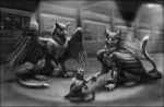  2018 avian beak corridor digital_media_(artwork) female feral greyscale gryphon hi_res invalid_tag male monochrome paws red-izak shop sitting stadium talons wings 