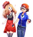  1girl ashujou bad_id bad_pixiv_id baseball_cap black_gloves black_legwear black_skirt blue_eyes blush couple gloves hat hat_removed headwear_removed hetero highres holding holding_hands long_hair looking_at_another open_mouth pokemon pokemon_(anime) pokemon_(game) pokemon_xy pokemon_xy_(anime) satoshi_(pokemon) serena_(pokemon) simple_background skirt smile 