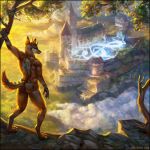  2018 anthro canine castle cloud cover detailed_background digital_media_(artwork) digitigrade fox hi_res landscape male mammal red-izak ruins solo standing tree 