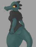  alligator anthro bea_(nitw) big_butt bottomless breasts butt cigarette clothed clothing crocodile crocodilian fangs female humanoid_hands invalid_color night_in_the_woods red_eyes reptile scalie sharp_teeth shirt signirsol smoke smoking t-shirt teeth thick_thighs yellow_sclera 
