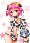  absurdres animal_ears animal_print bell bikini blue_eyes blue_hair breasts cleavage cow_bell cow_ears cow_print dorothy_west front-tie_top genderswap genderswap_(mtf) hair_ornament highres large_breasts leona_west multiple_girls navel newhalf pink_eyes pink_hair pretty_(series) pripara shiny shiny_skin short_hair siblings soraryu_saworu star star_hair_ornament swimsuit triangle_mouth twins 