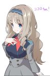  bangs blue_eyes blush character_name closed_mouth cowboy_shot darling_in_the_franxx eyebrows_visible_through_hair grey_hair hand_on_own_chest hand_up kokoro_(darling_in_the_franxx) konnyaku_(kk-monmon) long_hair long_sleeves military military_uniform smile solo uniform wavy_hair 