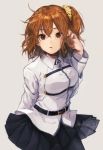  @ absurdres arm_behind_back belt brown_eyes chaldea_uniform clothes commentary_request fate/grand_order fate_(series) fujimaru_ritsuka_(female) hagi_(mtmtmkn0113) hair_between_eyes hair_ornament hair_scrunchie hand_in_hair highres looking_at_viewer name_tag number open_mouth orange_hair orange_scrunchie pantyhose scrunchie side_ponytail skirt skirt_lift solo wide-eyed 