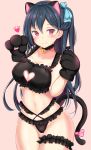  animal_ears aqua_bow bangs bare_shoulders bell black_choker black_gloves black_hair black_panties blush bow bra breasts cat_ears cat_tail choker cleavage cleavage_cutout closed_mouth collarbone cowboy_shot eyebrows_visible_through_hair frilled_bra frilled_choker frilled_panties frills gloves groin hair_between_eyes hair_bow hands_up heart heart_cutout highleg highleg_panties highres jingle_bell leg_garter long_hair looking_at_viewer medium_breasts navel one_side_up panties paw_gloves paws phantasy_star phantasy_star_online_2 pink_background pink_bow red_eyes simple_background smile solo standing tail thigh_gap underwear washinomiya_koori yuano 