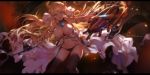  absurdres aircraft airplane artist_name azur_lane babydoll backlighting bangs bare_arms bare_shoulders black_legwear black_panties blonde_hair blue_eyes breasts broken broken_chain chain character_name cleavage collarbone explosion foreshortening gem hair_ornament hair_ribbon hairclip highres holding holding_staff large_breasts leaning_forward long_hair looking_at_viewer motion_blur navel outstretched_arm panties ribbon solo staff standing swd3e2 swept_bangs thighhighs turret underwear very_long_hair victorious_(azur_lane) white_ribbon 