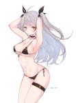  anchor antenna_hair armpits arms_up artist_name azur_lane bangs bikini black_bikini black_ribbon blush breasts cleavage closed_eyes closed_mouth cowboy_shot dated eyebrows_visible_through_hair flag_print german_flag german_flag_bikini grey_hair hair_ribbon long_hair looking_at_viewer medium_breasts mimelond navel print_bikini prinz_eugen_(azur_lane) red_hair ribbon side-tie_bikini simple_background solo standing stomach straight_hair swept_bangs swimsuit thigh_strap thighs two_side_up white_background 